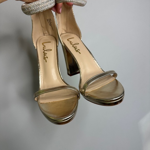 Lulus Cute Pearly Gold Metallic High Heels Block Heel - Picture 4 of 12